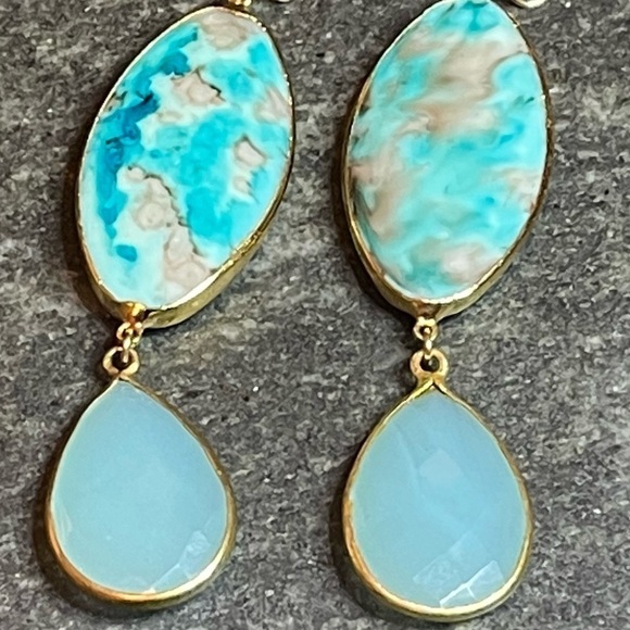 10K Gold Plated Stained Oval Shell Drop Earrings With Sage Glass Teardrop Dangle - Picture 4 of 9
